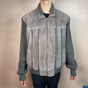 Gray Full Zip Leather Sweater Jacket Medium Relaxed Coat